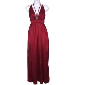 Fashion Nova Satin Red Slit Gown Dress Deep-V Sz S